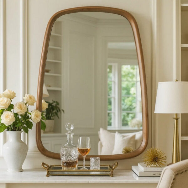 Roe 27 Inch Wall Mirror, Brown Curved Pine Wood Frame, Minimalistic