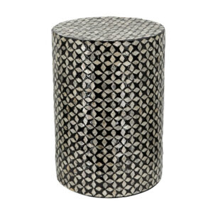 20 Inch Capiz Accent Stool Table, Cylindrical Geometric, Silver, Black