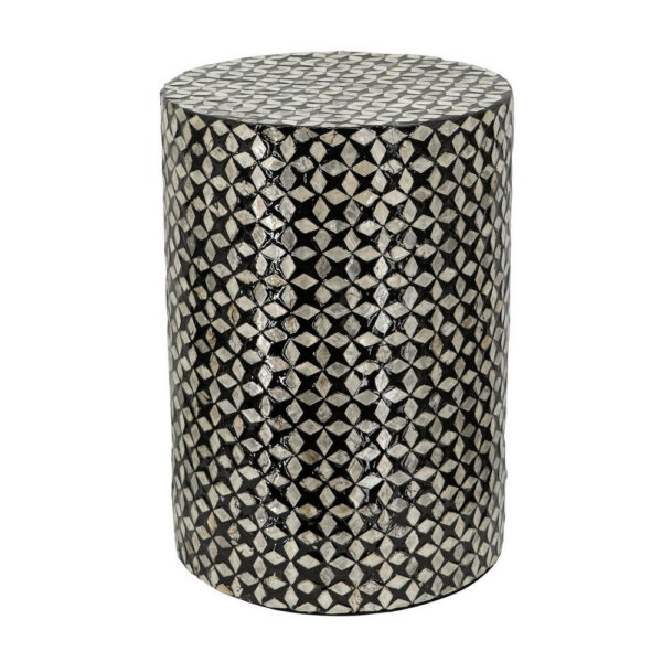 20 Inch Capiz Accent Stool Table, Cylindrical Geometric, Silver, Black