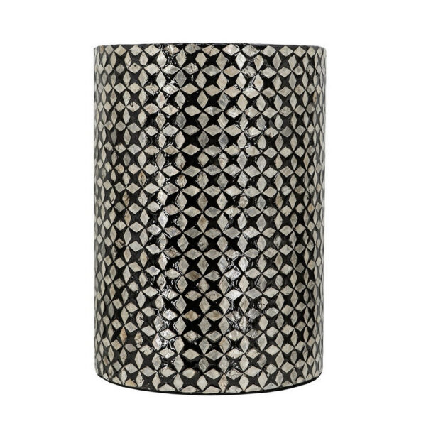 20 Inch Capiz Accent Stool Table, Cylindrical Geometric, Silver, Black
