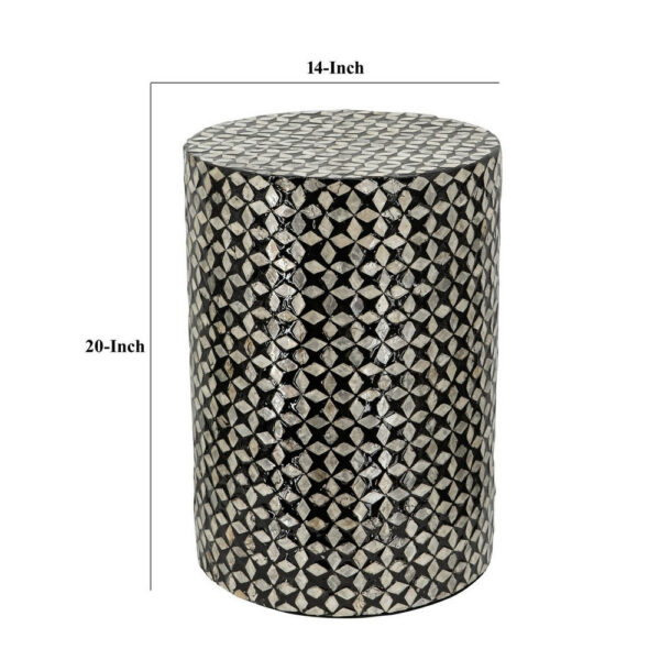 20 Inch Capiz Accent Stool Table, Cylindrical Geometric, Silver, Black