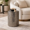 20 Inch Capiz Accent Stool Table, Cylindrical Geometric, Silver, Black