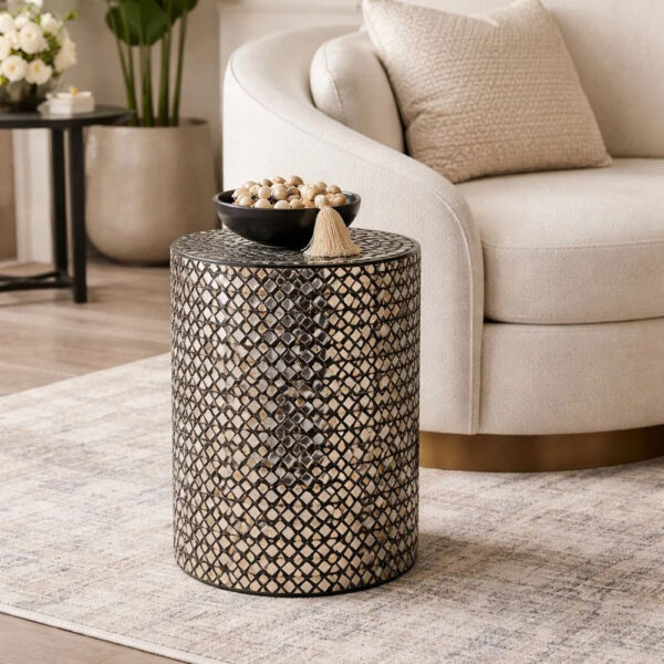20 Inch Capiz Accent Stool Table, Cylindrical Geometric, Silver, Black