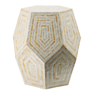 21 Inch Capiz Accent Stool Table, Hexagonal Drum, Angled Look, Beige White