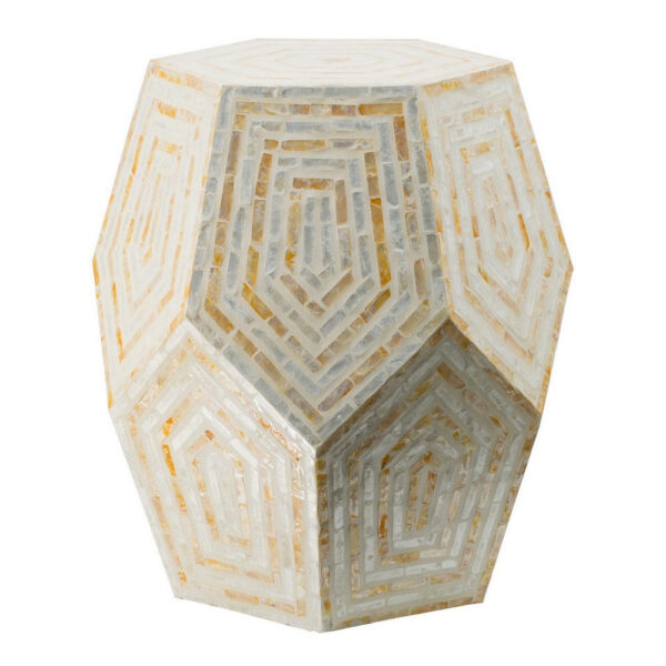 21 Inch Capiz Accent Stool Table, Hexagonal Drum, Angled Look, Beige White