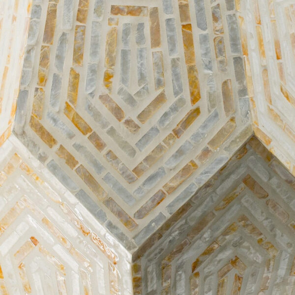 21 Inch Capiz Accent Stool Table, Hexagonal Drum, Angled Look, Beige White