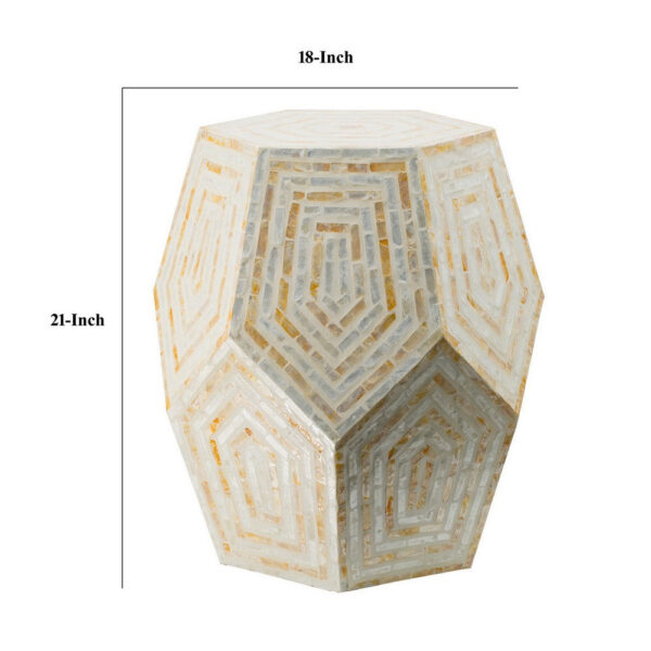 21 Inch Capiz Accent Stool Table, Hexagonal Drum, Angled Look, Beige White