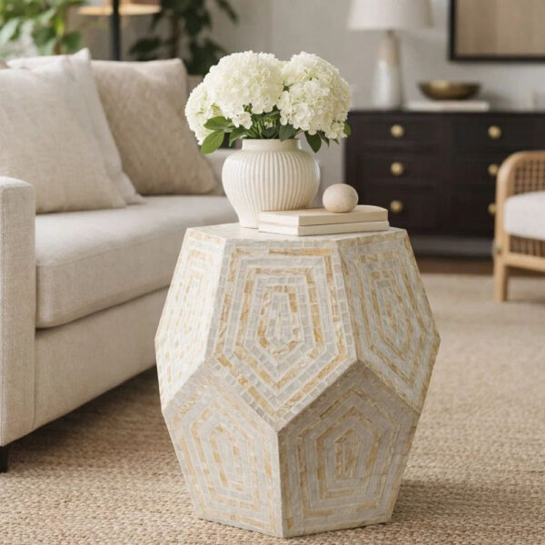 21 Inch Capiz Accent Stool Table, Hexagonal Drum, Angled Look, Beige White