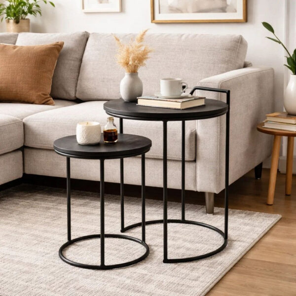18, 22 Inch Round Nesting End Tables Set of 2, Mango Wood, Set of 2, Black
