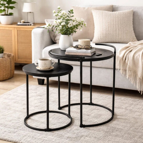 18, 22 Inch Round Nesting End Tables Set of 2, Mango Wood, Set of 2, Black