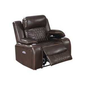 Xiu 38 Inch Power Recliner Chair, USB Port, Storage, Faux Leather, Brown
