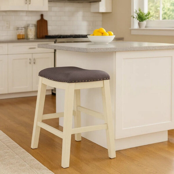 Joss 24 Inch Counter Stool, Gray Cushioning, Saddle Seat, Set of 2, Cream