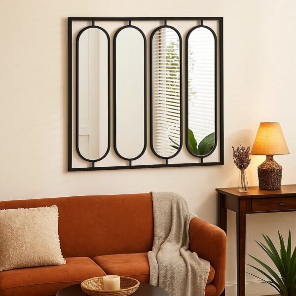 36 Inch Modern Wall Decor, 4 Swiveling Oblong Mirrors, Black Metal Frame