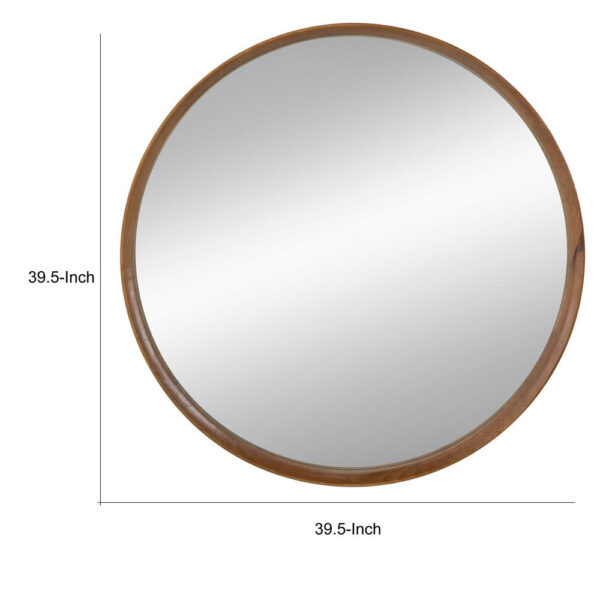 Roe 40 Inch Round Accent Mirror, Brown Pine Wood Frame, Wall Hung