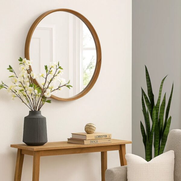 Roe 40 Inch Round Accent Mirror, Brown Pine Wood Frame, Wall Hung