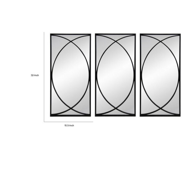 32 Inch 3 Piece Wall Mirror, Concentric Circles, Stylish Black Metal Frame
