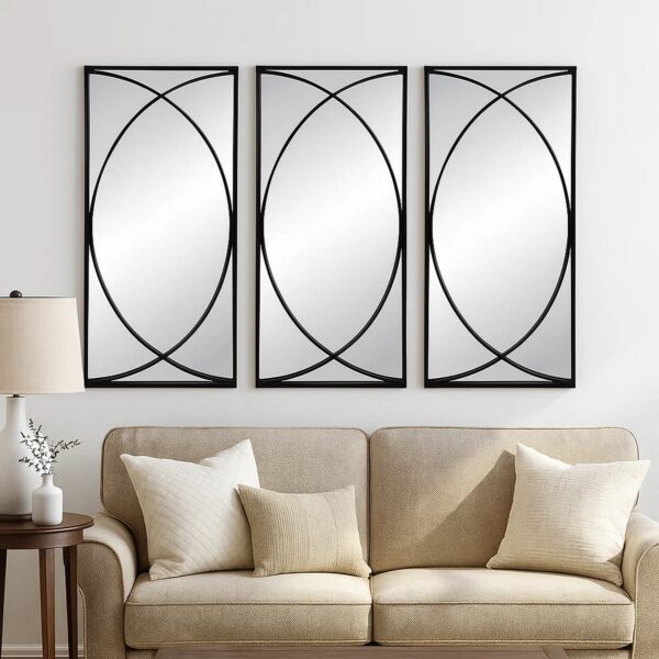 32 Inch 3 Piece Wall Mirror, Concentric Circles, Stylish Black Metal Frame