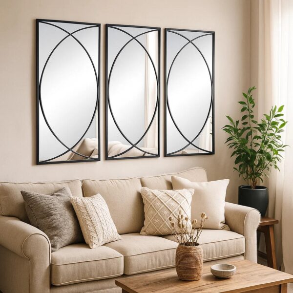 32 Inch 3 Piece Wall Mirror, Concentric Circles, Stylish Black Metal Frame