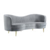 Enzo 84 Inch Modern Sofa, Curved Kidney Shape, Channel Tufted, Gray, Gold
