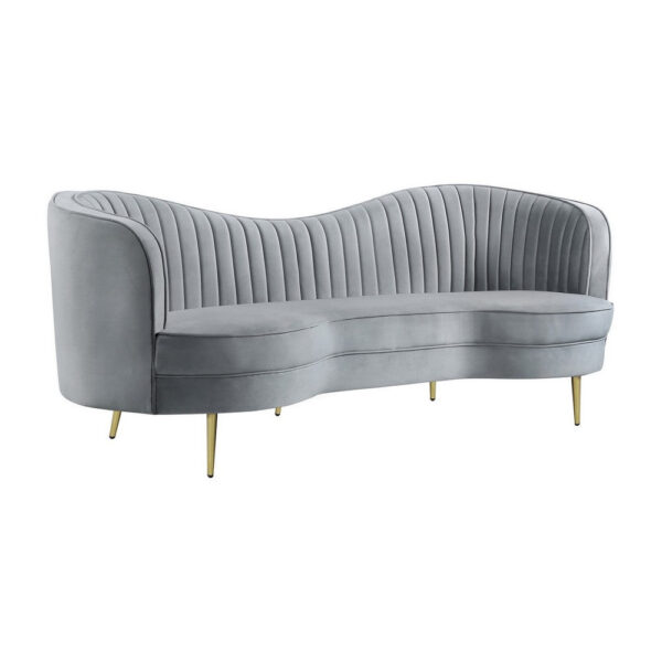 Enzo 84 Inch Modern Sofa, Curved Kidney Shape, Channel Tufted, Gray, Gold