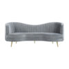 Enzo 84 Inch Modern Sofa, Curved Kidney Shape, Channel Tufted, Gray, Gold