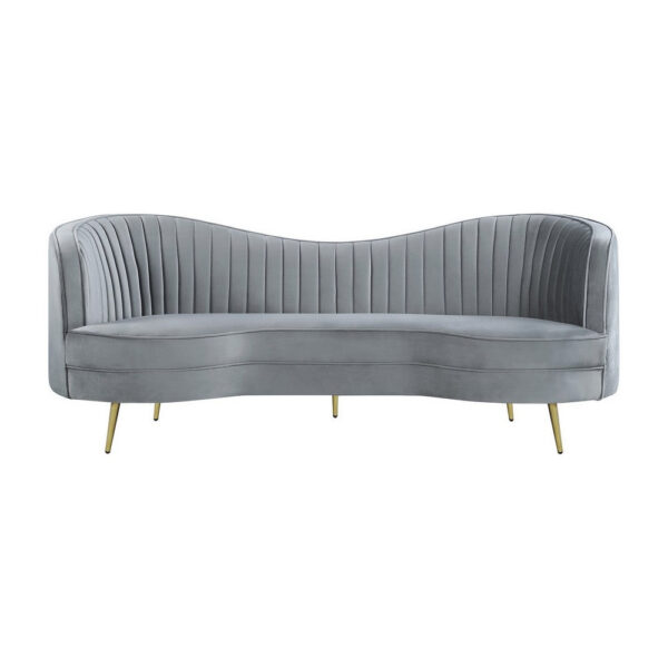 Enzo 84 Inch Modern Sofa, Curved Kidney Shape, Channel Tufted, Gray, Gold