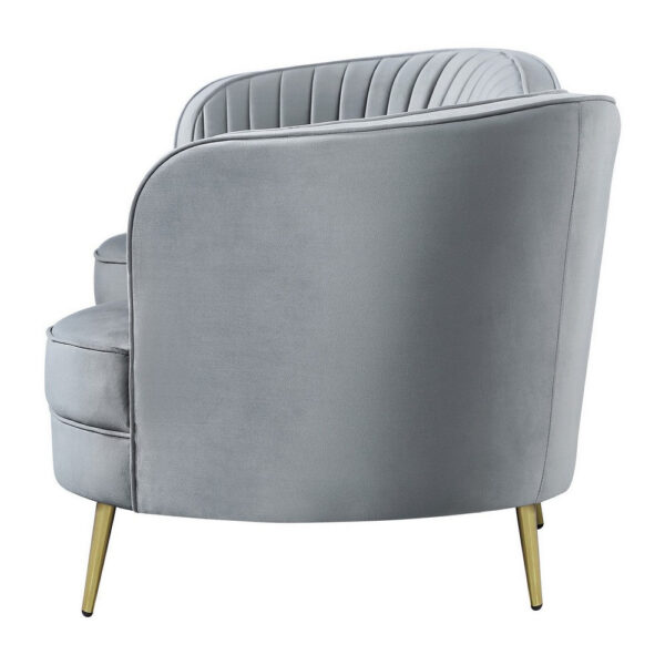 Enzo 84 Inch Modern Sofa, Curved Kidney Shape, Channel Tufted, Gray, Gold