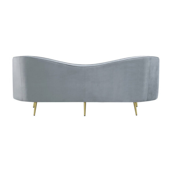 Enzo 84 Inch Modern Sofa, Curved Kidney Shape, Channel Tufted, Gray, Gold