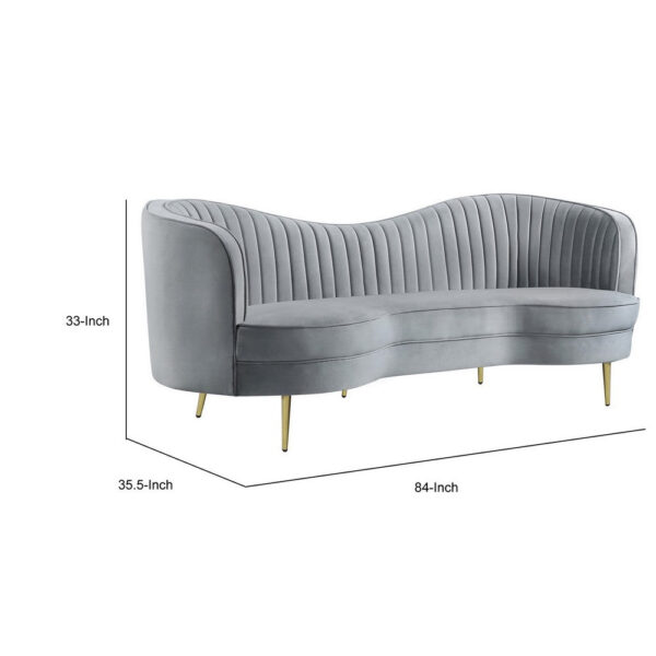 Enzo 84 Inch Modern Sofa, Curved Kidney Shape, Channel Tufted, Gray, Gold