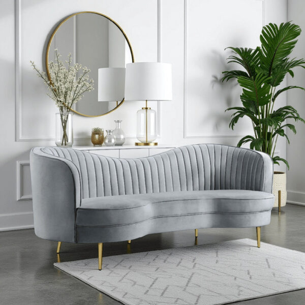 Enzo 84 Inch Modern Sofa, Curved Kidney Shape, Channel Tufted, Gray, Gold