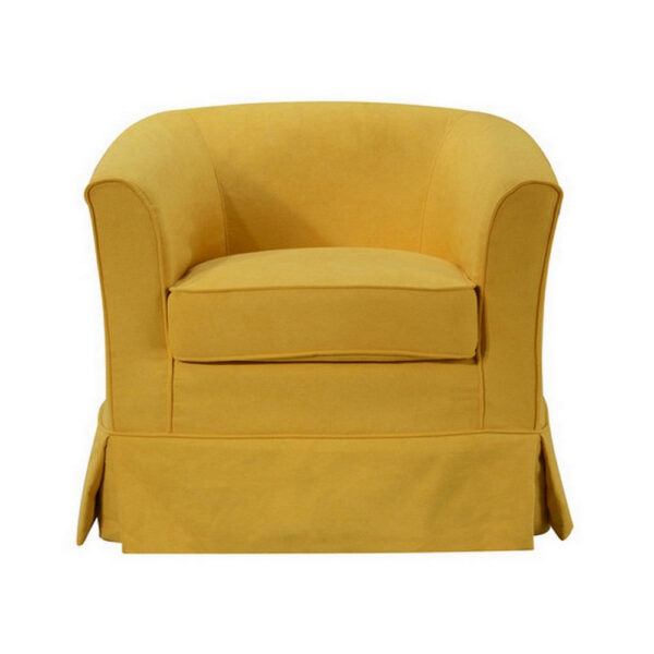 Lex 28 Inch Swivel Accent Chair, Yellow Fabric, Curved Track Back, Skirted