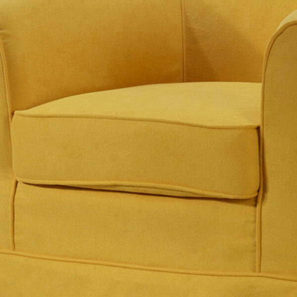 Lex 28 Inch Swivel Accent Chair, Yellow Fabric, Curved Track Back, Skirted