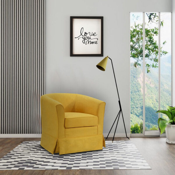 Lex 28 Inch Swivel Accent Chair, Yellow Fabric, Curved Track Back, Skirted