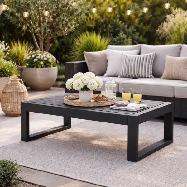 Kili 35 Inch Coffee Table, Polyresin Surface, Jet Black Aluminum Frame