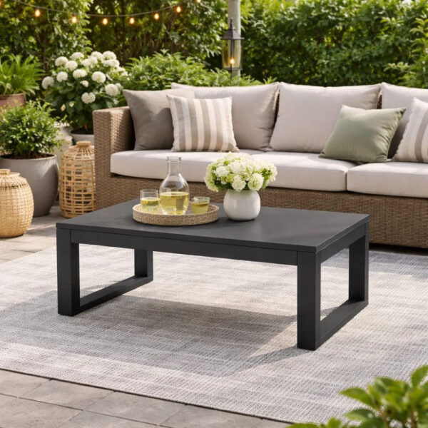 Kili 35 Inch Coffee Table, Polyresin Surface, Jet Black Aluminum Frame