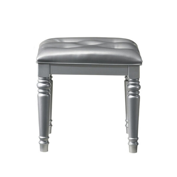 Kya 20 Inch Vanity Stool with Tufted Vegan Faux Leather Seat, Glam Silver