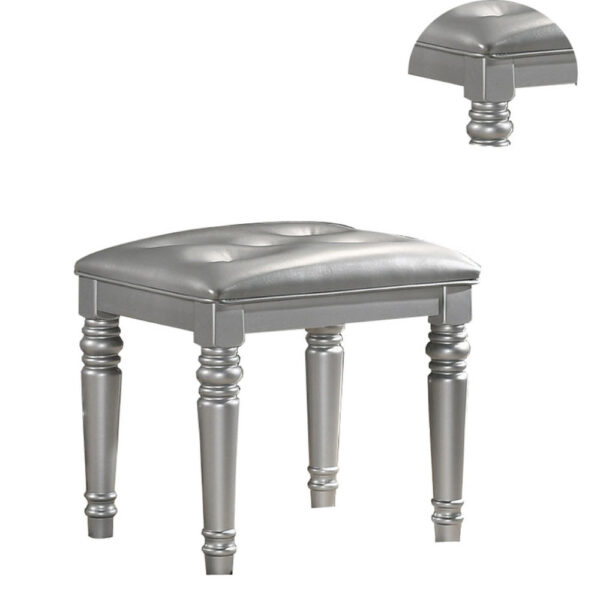 Kya 20 Inch Vanity Stool with Tufted Vegan Faux Leather Seat, Glam Silver