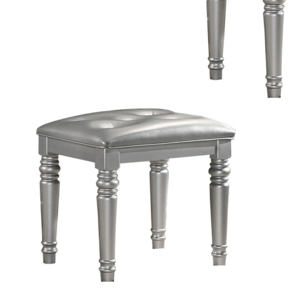 Kya 20 Inch Vanity Stool with Tufted Vegan Faux Leather Seat, Glam Silver