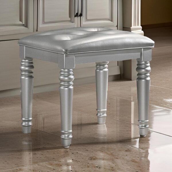 Kya 20 Inch Vanity Stool with Tufted Vegan Faux Leather Seat, Glam Silver