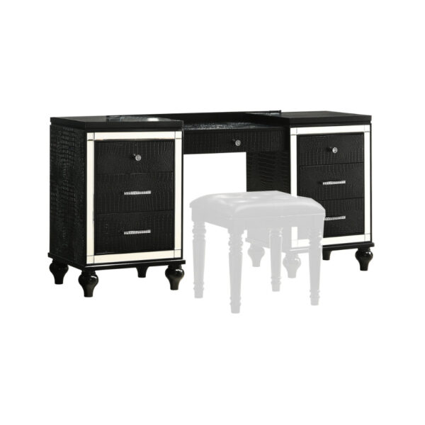 Kya 64 Inch Vanity Dresser Table with 7 Drawers, Mirrored Trim, Glam Black