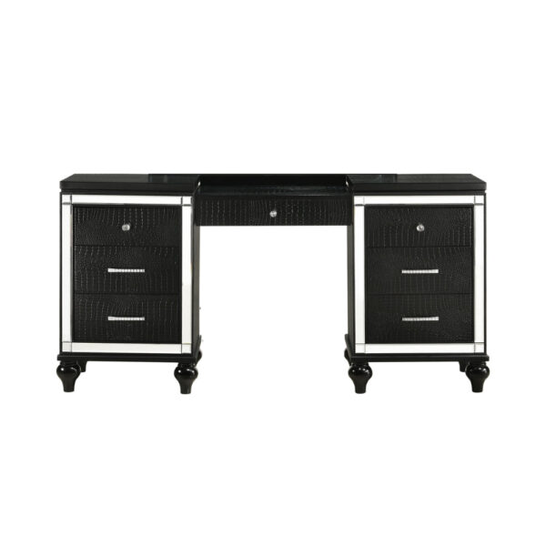 Kya 64 Inch Vanity Dresser Table with 7 Drawers, Mirrored Trim, Glam Black