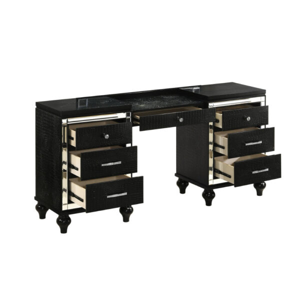 Kya 64 Inch Vanity Dresser Table with 7 Drawers, Mirrored Trim, Glam Black