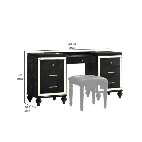 Kya 64 Inch Vanity Dresser Table with 7 Drawers, Mirrored Trim, Glam Black