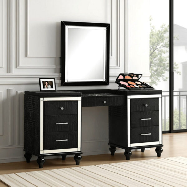 Kya 64 Inch Vanity Dresser Table with 7 Drawers, Mirrored Trim, Glam Black