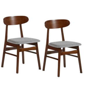 Bev 20 Inch Set of 2 Dining Chairs, Light Gray Cushions, Brown Rubberwood
