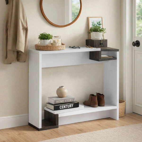 36 Inch Modern Console Table, Multilevel Wood Shelves, Gray and White