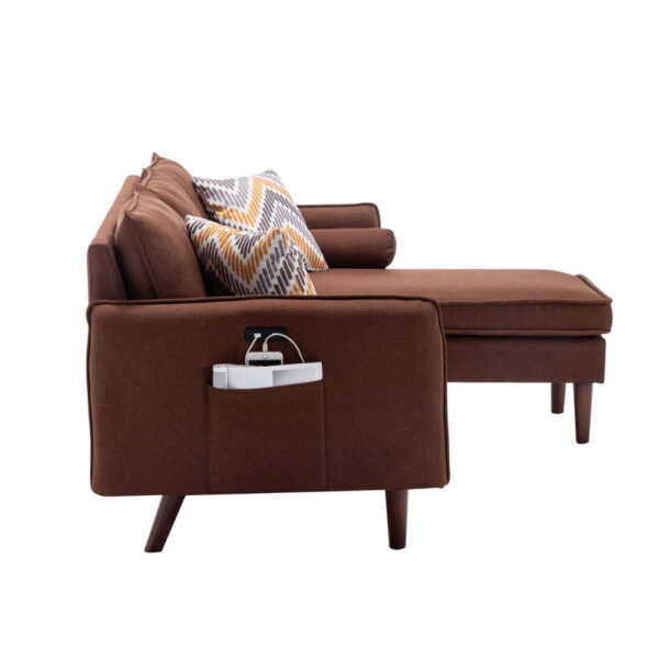 Ranon 70 Inch Sectional Chaise Sofa, Pillows, USB Ports, Side Pockets Brown