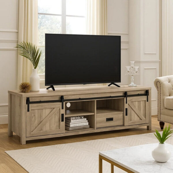 Sem 79 Inch TV Media Entertainment Console, Sliding Doors, 2 Drawers, Brown