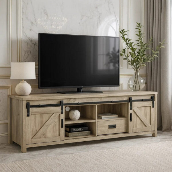 Sem 79 Inch TV Media Entertainment Console, Sliding Doors, 2 Drawers, Brown