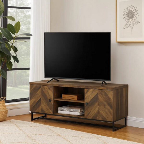 60 Inch TV Media Console Cabinet, 2 Herringbone Doors, Rustic Brown Wood